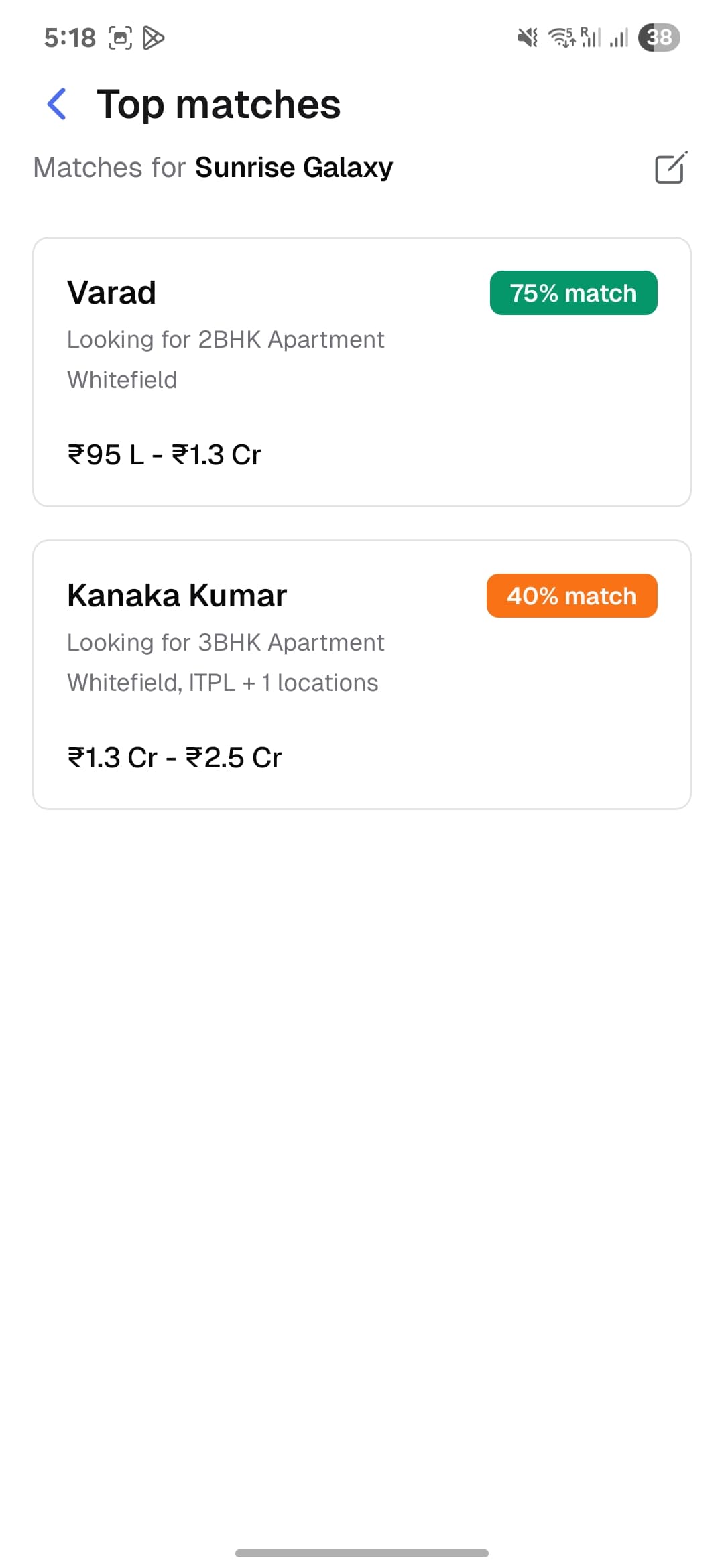 PropG Top matches result showing Varad 75% match and Kanaka Kumar 40% match